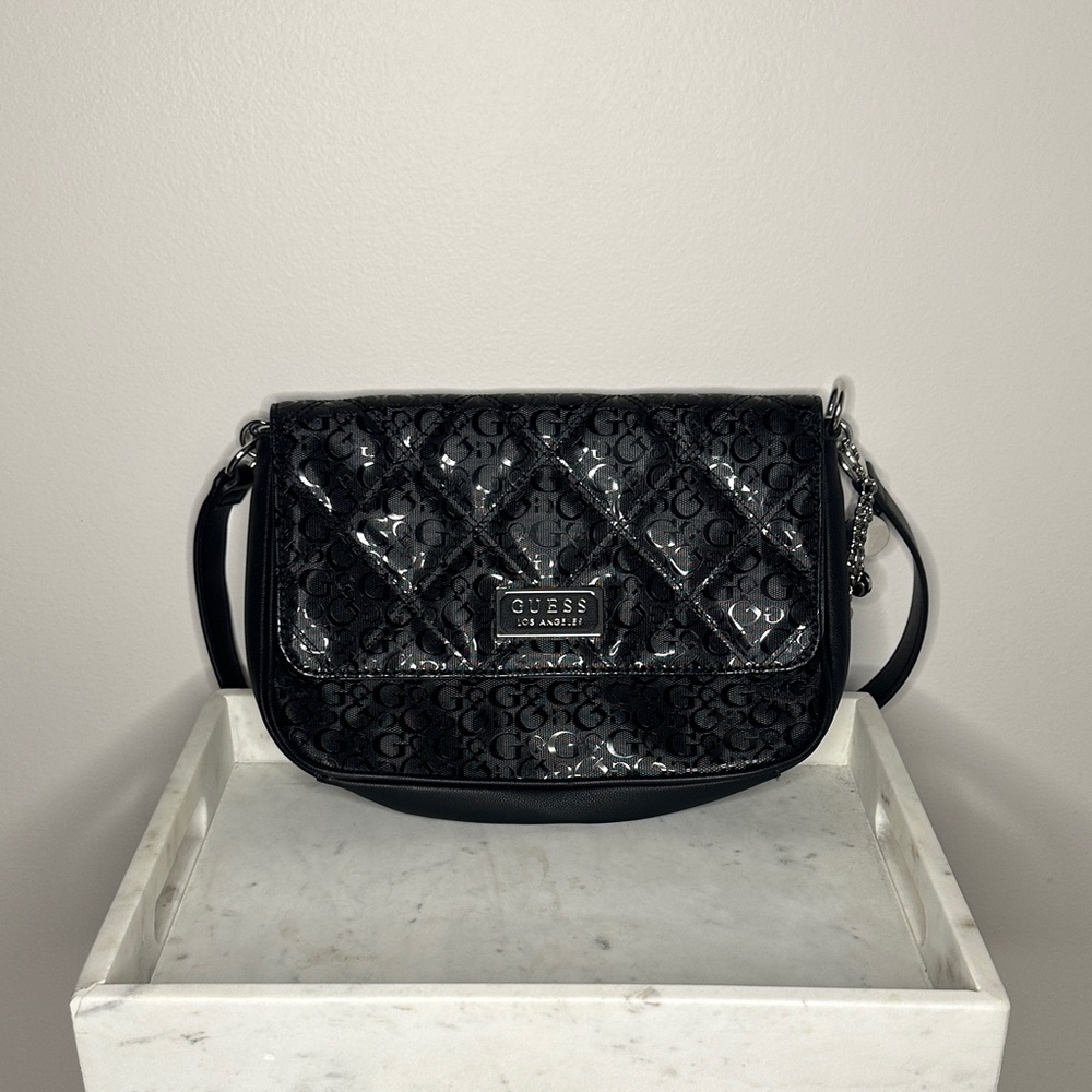 GUESS Glossy Black Quilted Crossbody Bag
